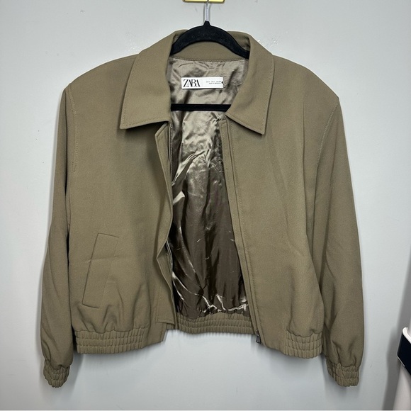 Zara Full Zip Collared shoulder Pad Bomber Jacket in Light Brown - Picture 1 of 3